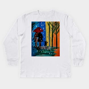 Couple walking the dog in the rain set against a colorblock background. Kids Long Sleeve T-Shirt